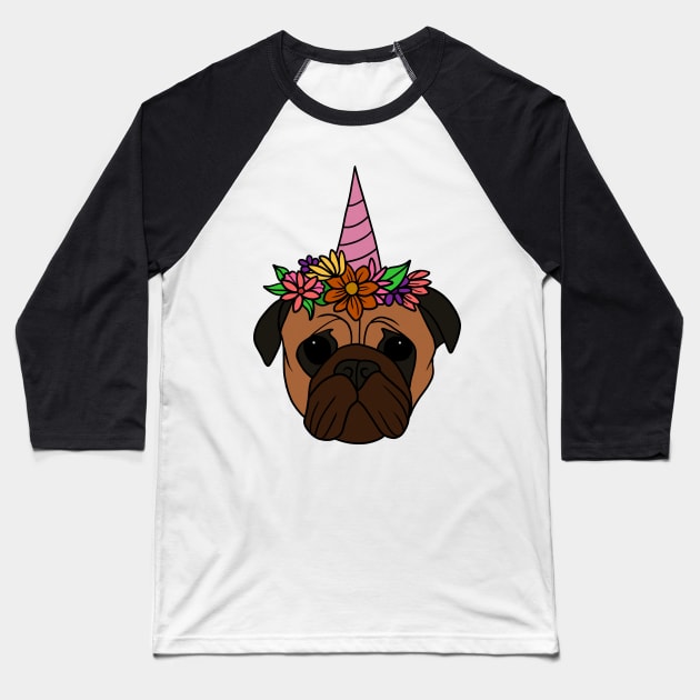 Pug unicorn, Pug for Women and Girls Floral Gift Baseball T-Shirt by dukito